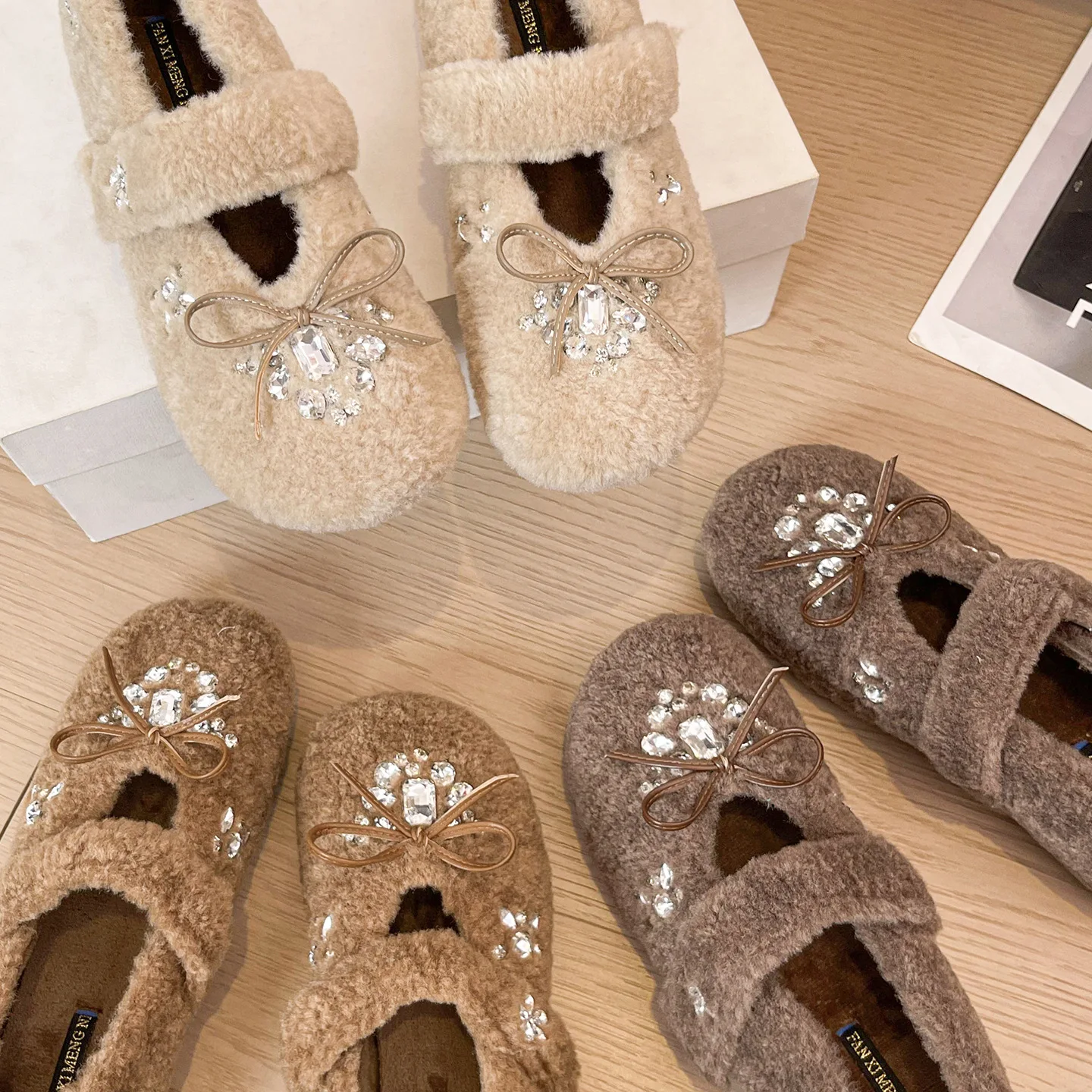 Women Rhinestone Flats Women Furry Mary Janes Elevator Shoe Women Round Toe Cotton Fluffy Fur Loafers Shoes Femme Fashion