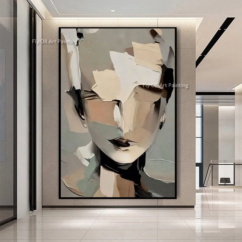 Fashion Abstract Grey White Canvas Knife Thick Artwork Decor For Bedroom Handpainted New Original Balck Beige Women Oil Painting