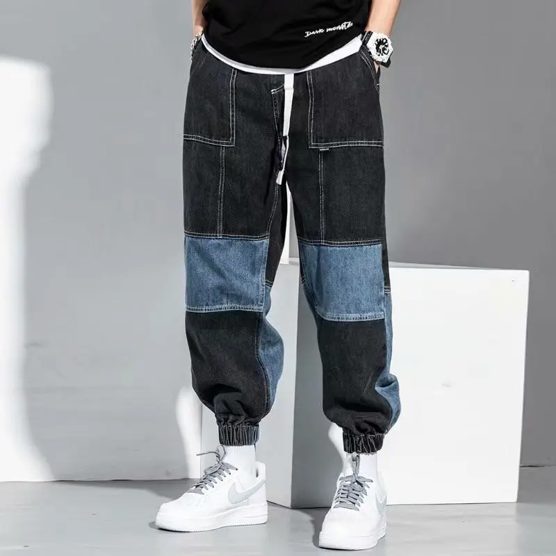 Pop Style Men Tooling Jeans Retro Patchwork Water Wash Casual Pants Size S-5XL Male Loose Harem Trousers