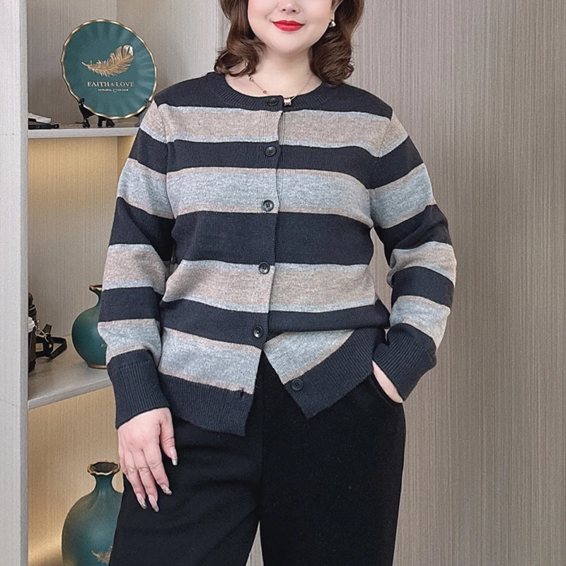 Plus Size Women Cardigan Autumn Winter Wear Loose Wide Stripe Sweater Simple Sweet Color Jumpers 392