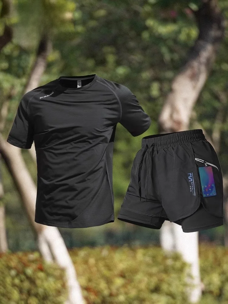 

Ice Silk Running Sportswear Set Men's Summer Fitn Qui Dry ort Sve T-irt orts Training Marathon Casual Wear