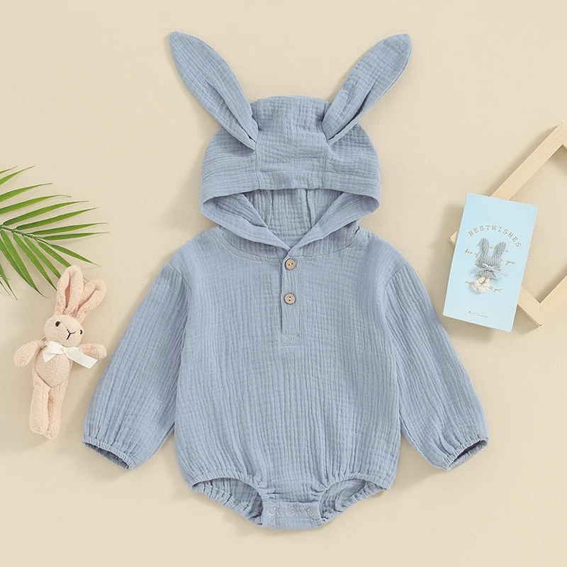 

Baby Boy Cotton And Linen Jumpsuit Button Up Rabbit Ear Hooded Long Sleeved Jumpsuit Spring Casual Easter Hooded Jumpsuit