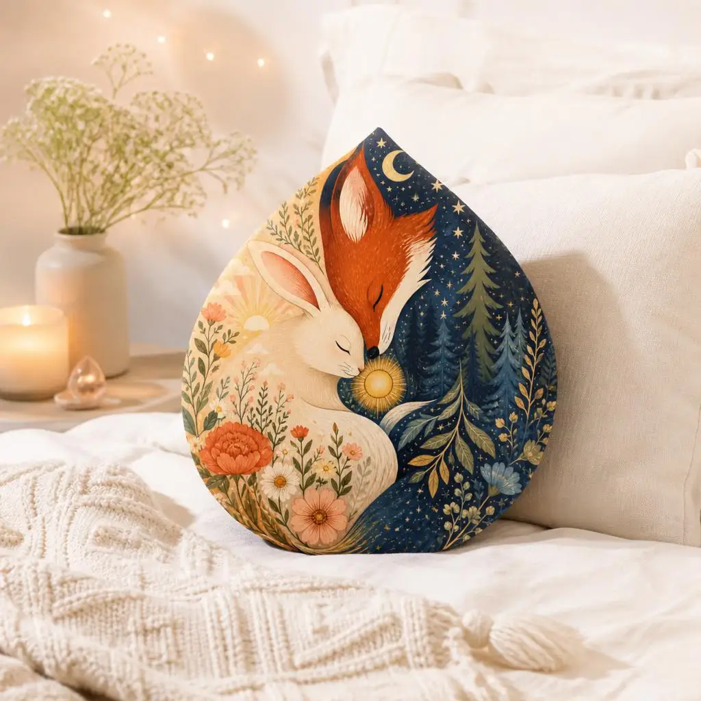 Fox and Rabbit Embrace Throw Pillow Day Night Woodland Cushion Plush Stuffed Irregular Floral Home Decor Friendship Gift