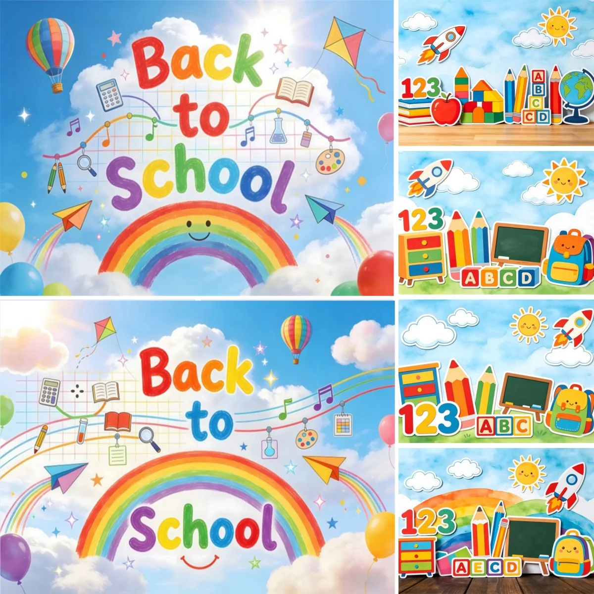 Back to School Backdrop for Children Kindergarten Birthday Party Baby Shower Blue Sky White Clouds Drawing Pencils Background