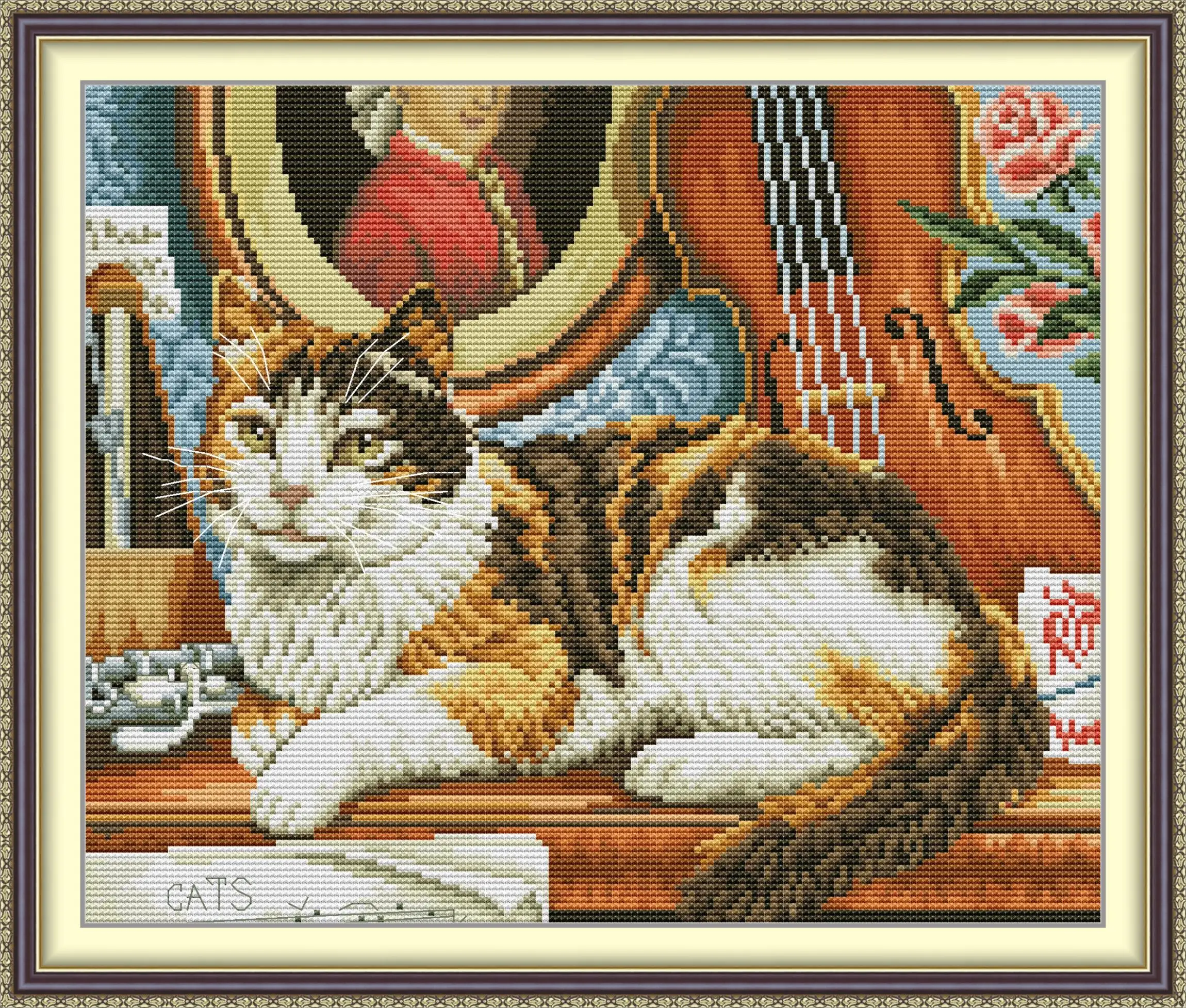 

Maydear Full Cross Stitch Kit,11CT/14CT/16CT/9CT Aida Fabric,DMC Threads Sewing Pattern Embroidery Set-Cat and Guitar