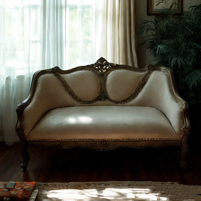 American solid wood sofa French engraving old double three-person European court style fabric studio furniture living room
