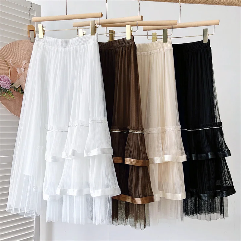 Green Beige Ribbon Patchwork Ruffes Tulle Skirt Women 2022 New Spring Summer Midi Long Pleated Skirt Female Jupe Longue