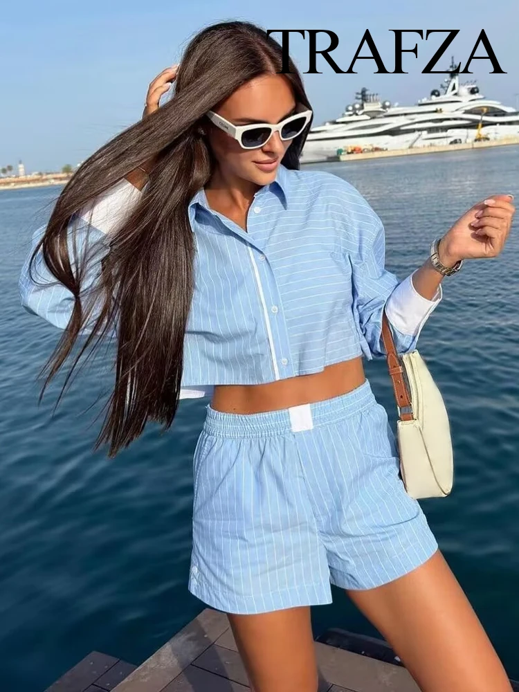 TRAFZA Women 2Piece Set Chic White Striped Single-Breasted Long Sleeves Tops+Elegant Casual High Waist Elastic Waist Shourt Pant