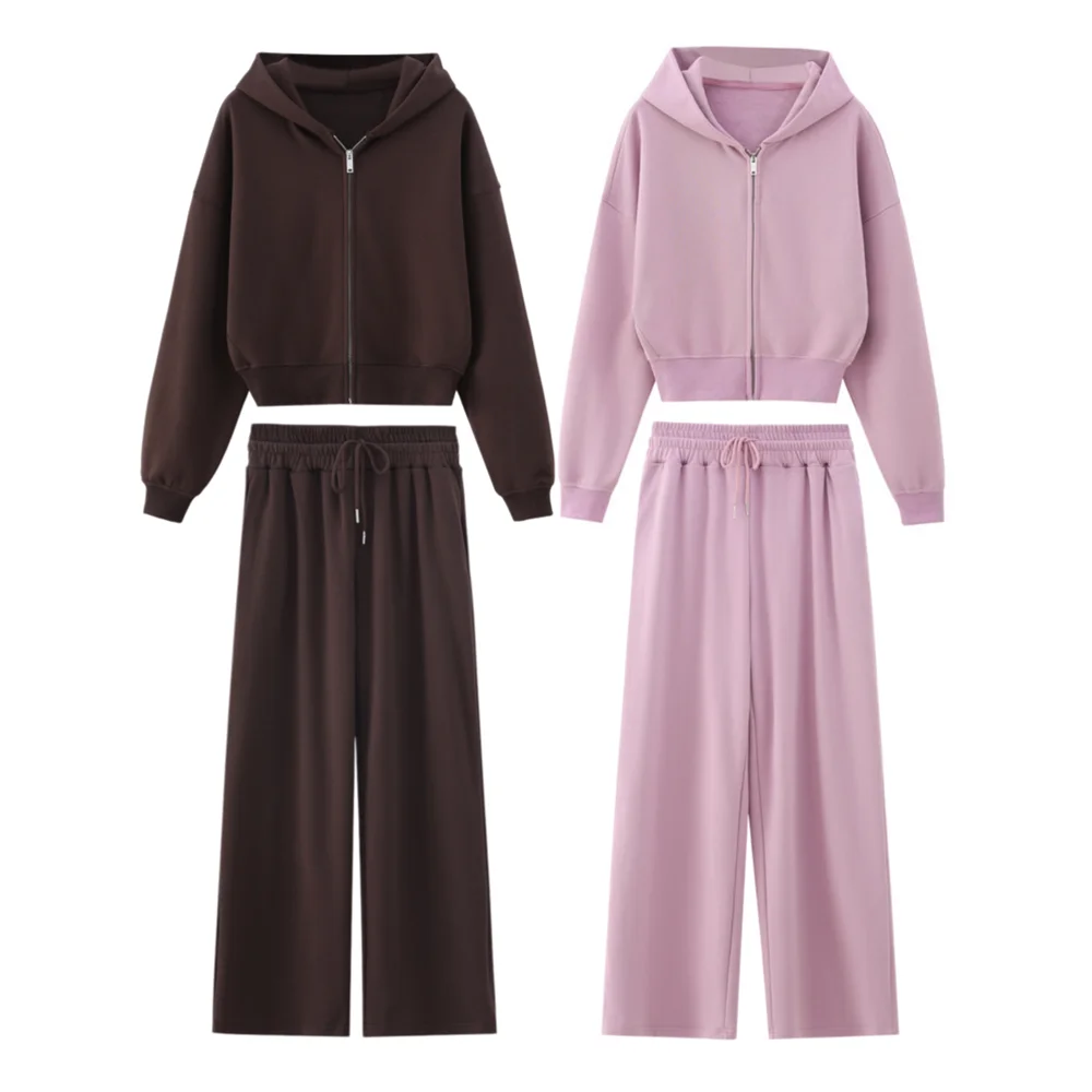 

2026 Spring New Arrival Women's Clothing Terry Cloth Hooded Cropped Sweatshirt Mid-Waist Elastic Waist Straight Leg Pants