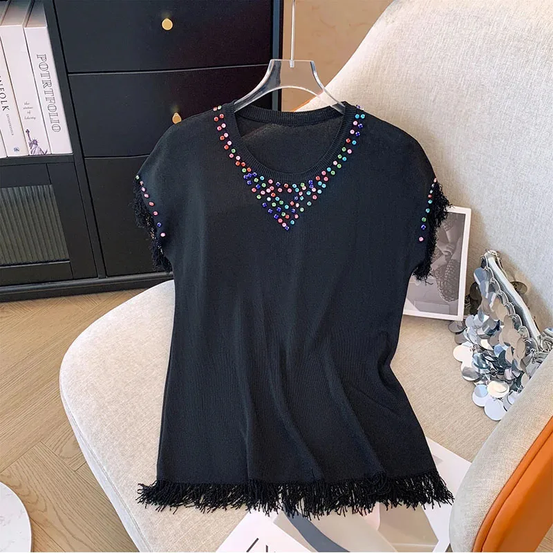 2024 Summer tassel Shinny Diamond T shirts Women Cotton T-Shirt Lady Short Sleeve T-SHIRT Sexy V-neck ​Tops clothing