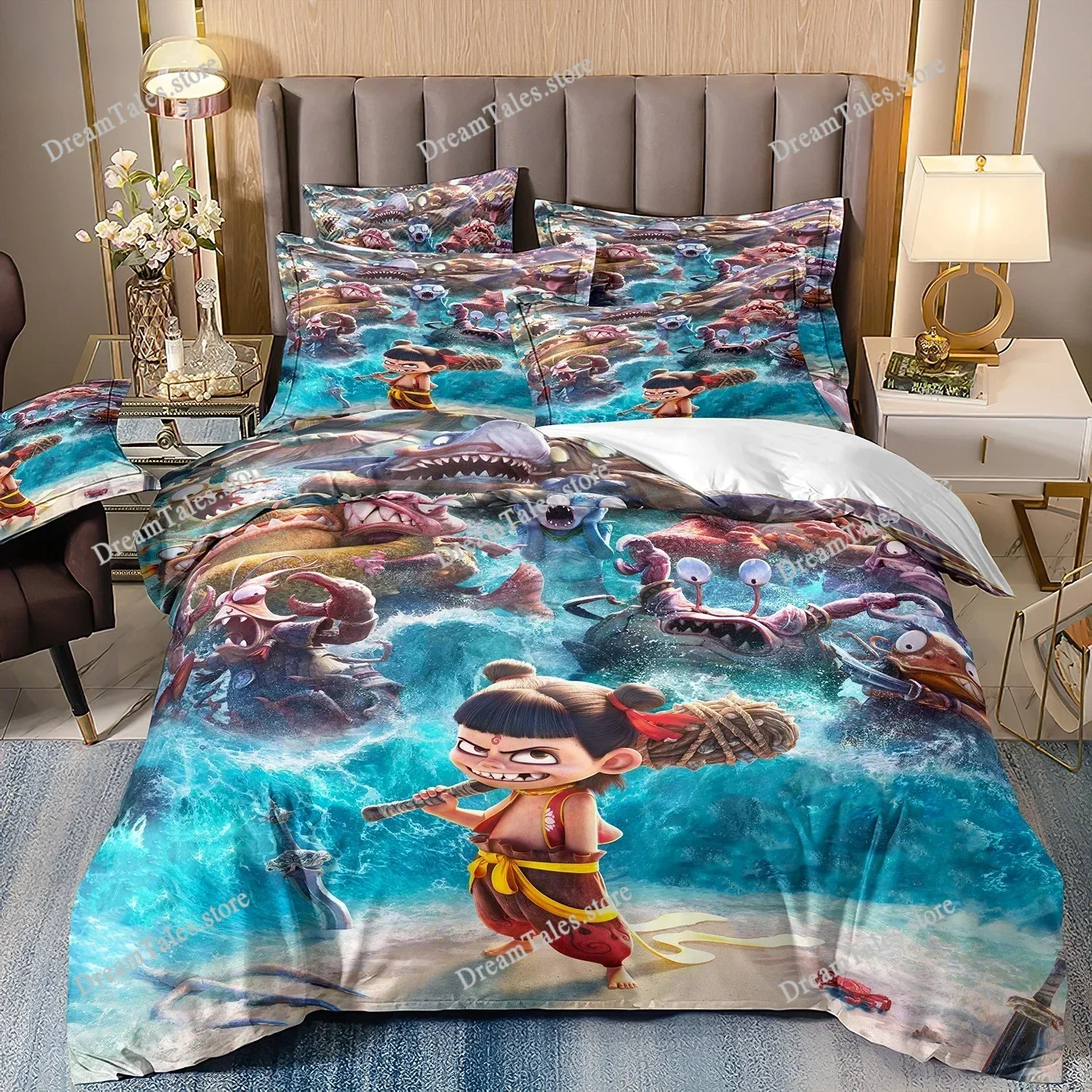 Chinese Animated Films Ne Zha 2 Anime Duvet Cover Set, Anime Home Textile Microfiber Bedding Set 3D Digital Printing Set029963