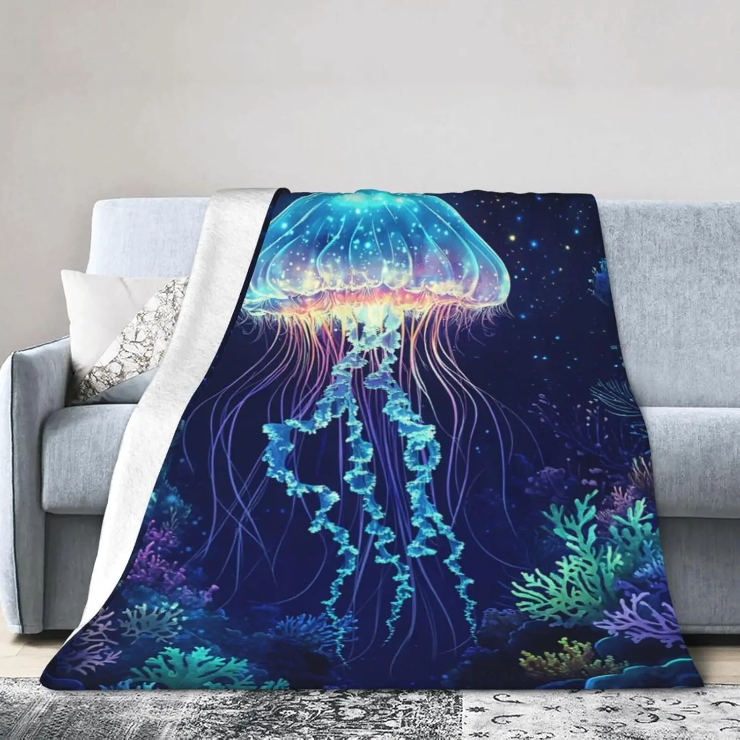 Night Underwater Sky Sparkling Rainbow Jellyfish Vibrant Coral Ocean Print Flannel Blanket Cozy Throw for Couch Travel Indoor