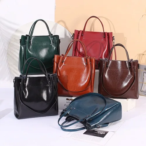 Women' Bucket Handbag Large Capacity Casual Ladies' Shoulder Crossbody Bag Soft Genuine Leather Commuting Bag