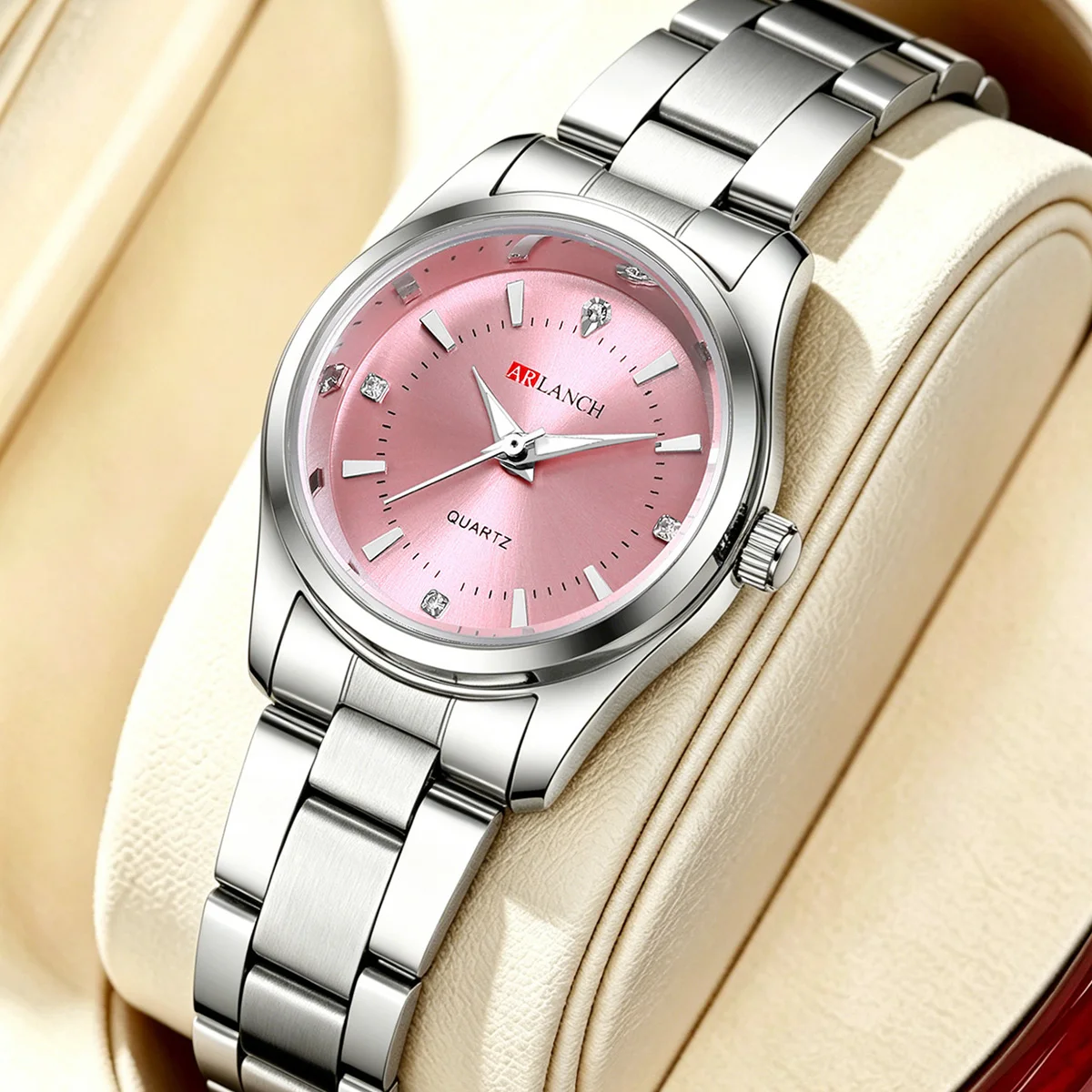 Fashion Women Watch Red Dial 29mm Silver Stainless Steel Quartz Movement Clock 3Bar Waterproof Gorgeous Rhinestone Jewelry Watch