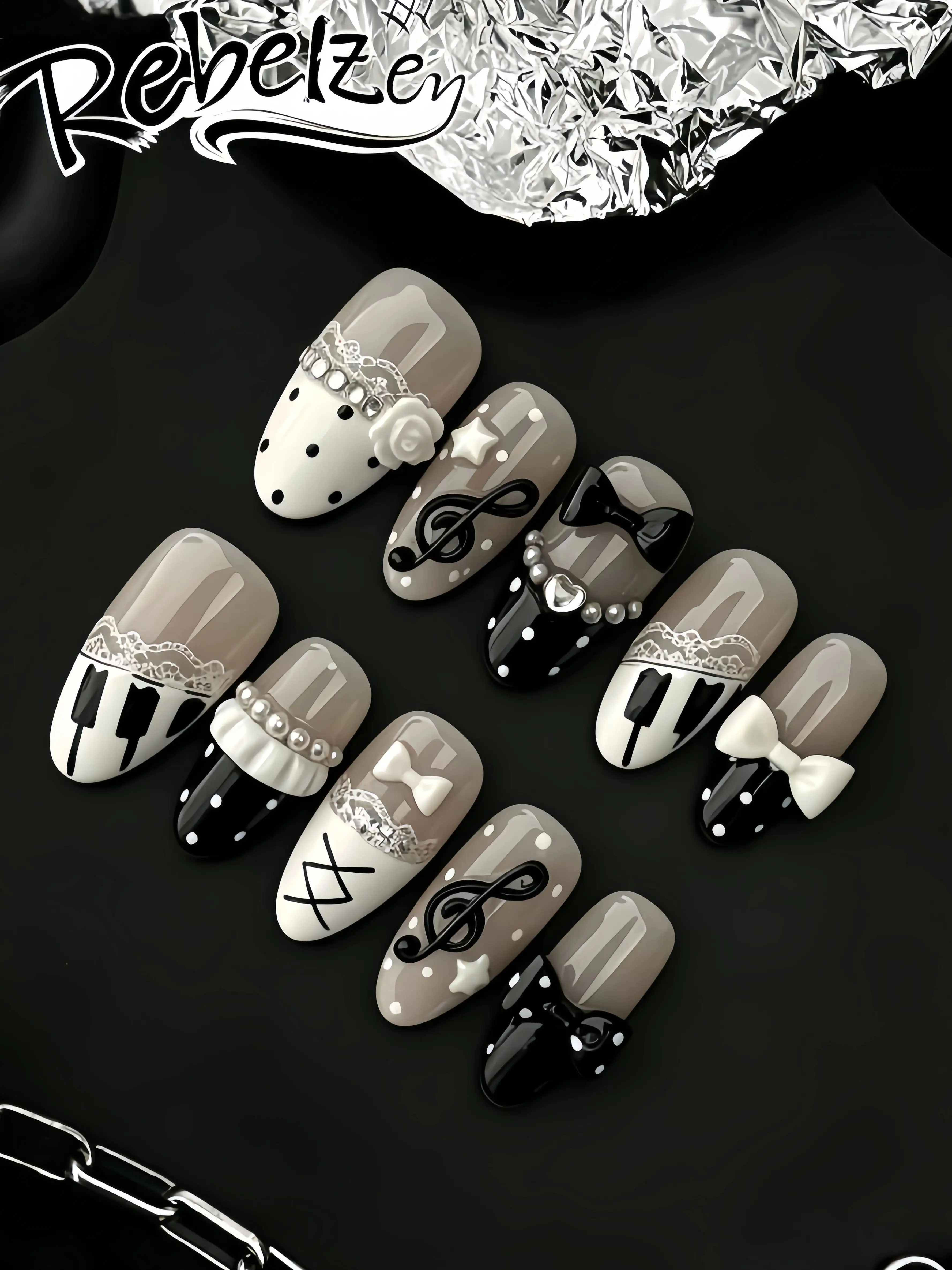 Retro College-Style Nail Art with Nude Transparent Coffee Base Color, Polka Dots, Pearl Chain, and Music-Themed Handmade Wearable Nails