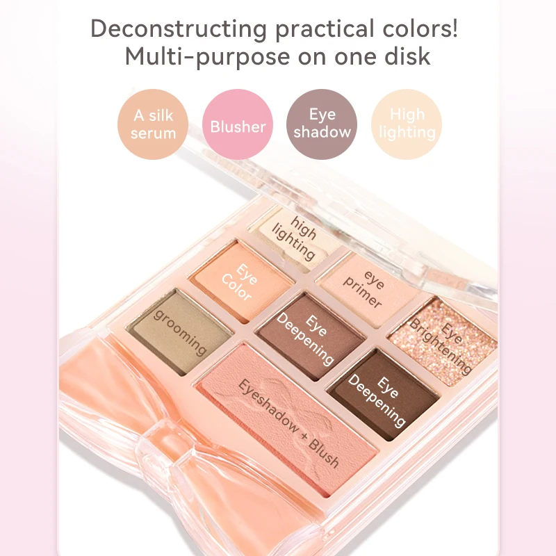 Paleta de sombras de 8 cores, com texturas foscas, brilhantes e brilhantes, com funções de destaque, blush e contorno