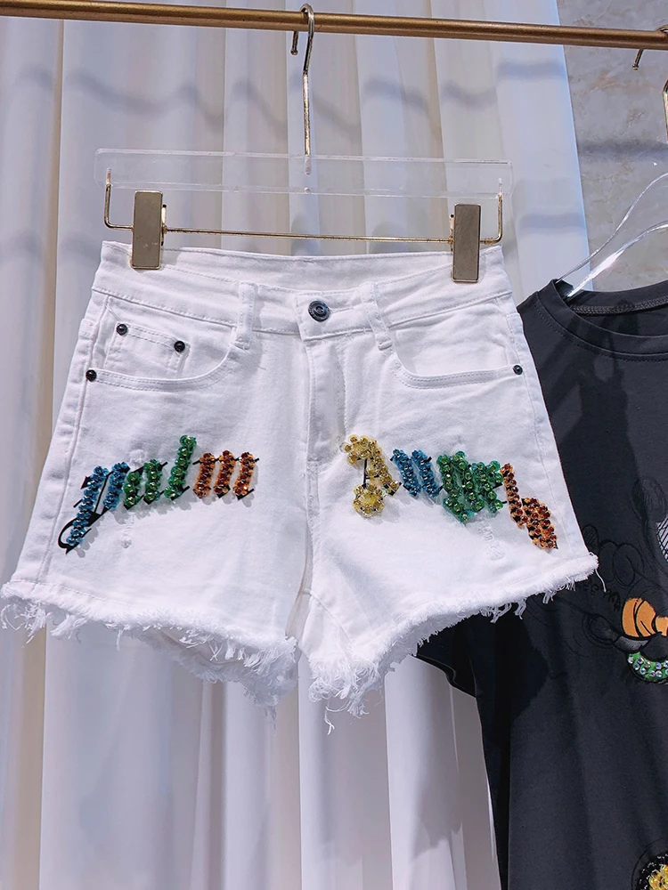 2025 New Trendy Summer Shorts Women High Waist Color Diamond Hot Girl Slimming Elastic Comfortable White Denim Shorts