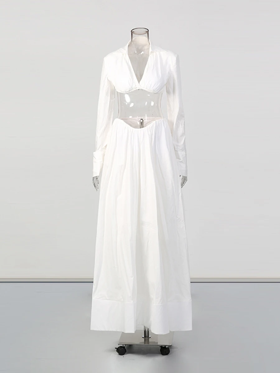 CHICEVER White Spliced Folds Two Piece Set Female V Neck Long Sleeve Shirt Vacation Minimalist Women's Skirt Sets Fashion New
