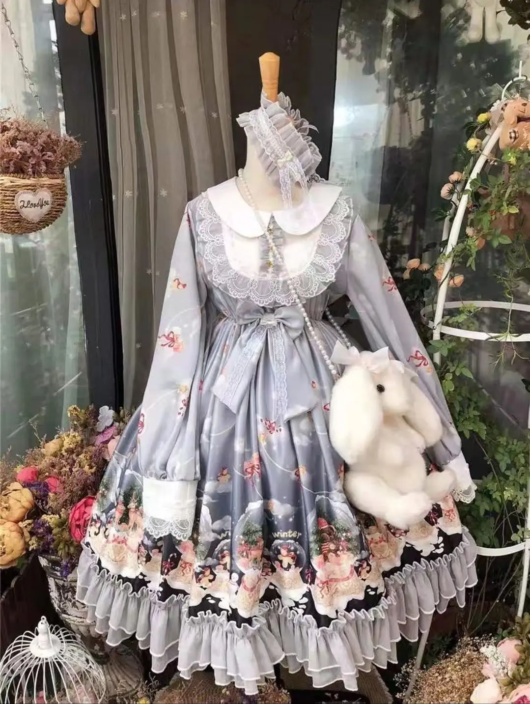 Abito vintage Lolita OP Abito gotico elegante da donna con stampa natalizia Abiti da festa da principessa Abito a maniche lunghe Arajuku per ragazza