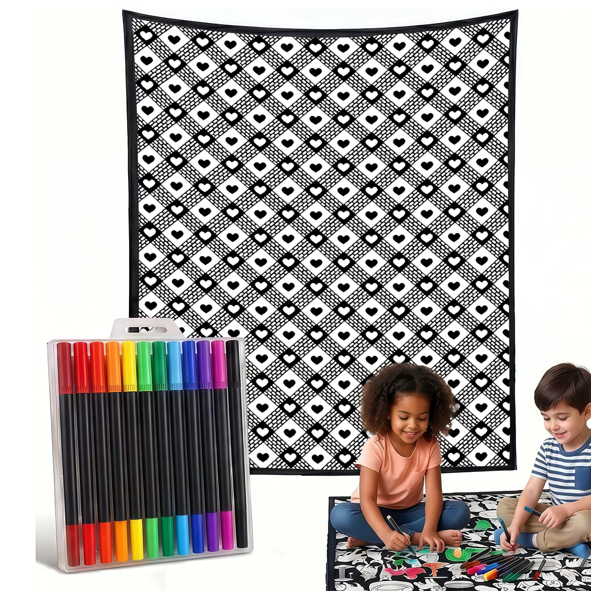Red White Diamond Hearts DIY Cozy Coloring Blankets -24 Markers, Cozy Velvet Ideal For Daily Use Home Decor And Kids Spaces