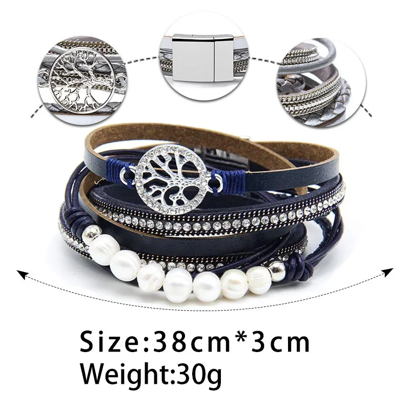 WYBU 7 Colors Tree Of Life Leather Bracelet For Women Alloy Magnetic Clasp Pearl Multilayer Wrap Fashion Women Bangle Jewelry