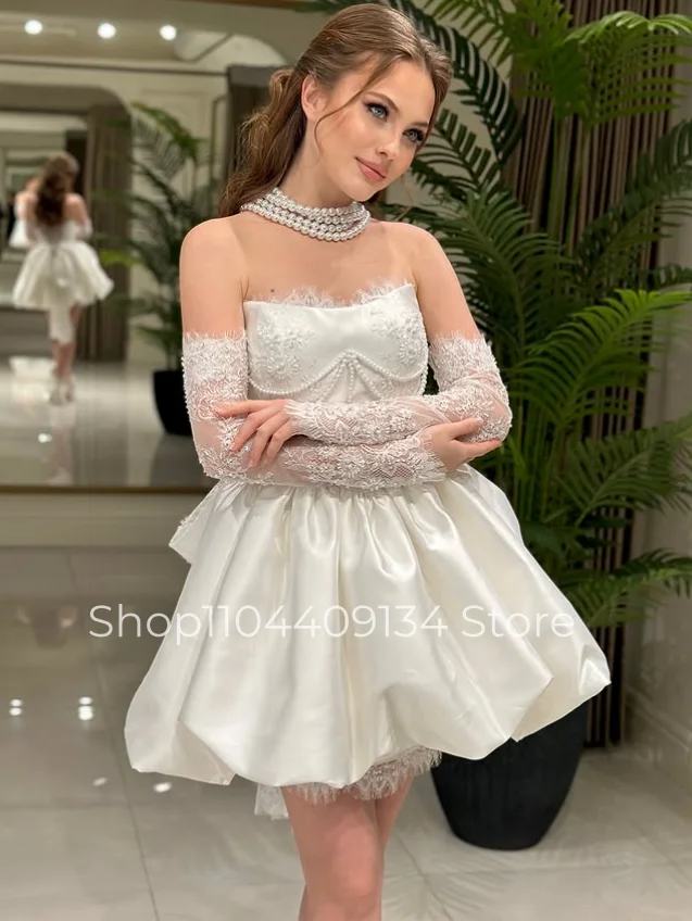 White Satin Mini Bridal Dresses Strapless Lace Embroidered 원피스 Summer платье Back Bow Beach Women's Wedding Gowns Customized