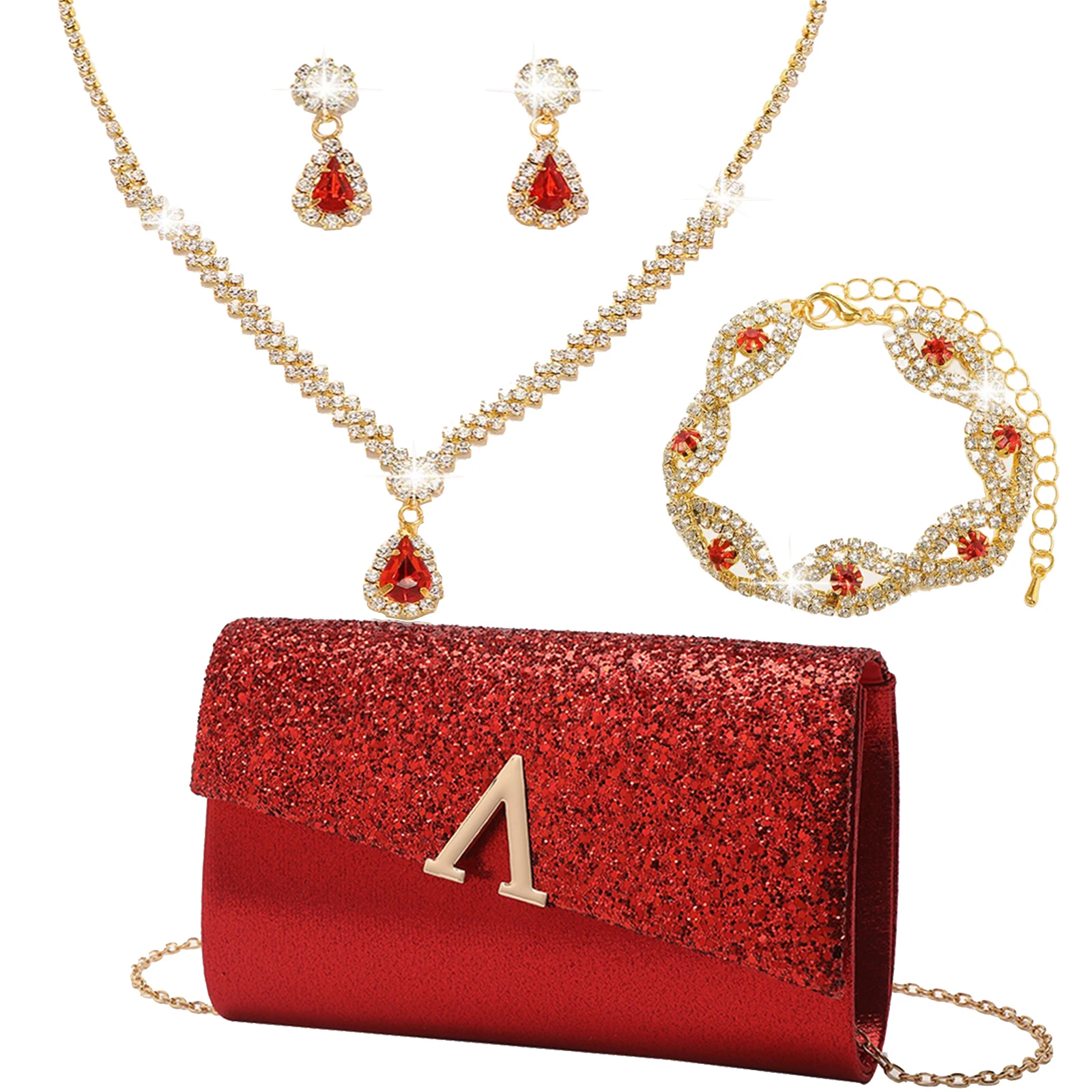 

Gorgeous Women Evening Clutch Bag Rhinestone Ear Clip Bridal Wedding Choker Bracelet Dangle Bling Glitter Purse Jewelry Set