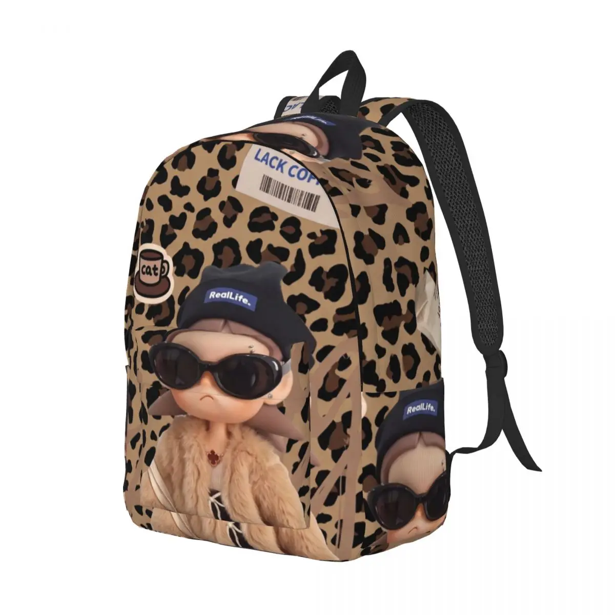 Gothic School Backpack Allover Leopard Doll Winter Cute Tan Black White Rose Pink Fashion Daypack for College Travel Gift Sweet