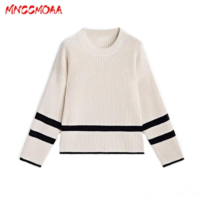 MNCCMOAA 2024 Autumn Winter Women's Fashion Loose Round Neck Striped Knitting Sweater Female Casual Long Sleeve Top Pullovers