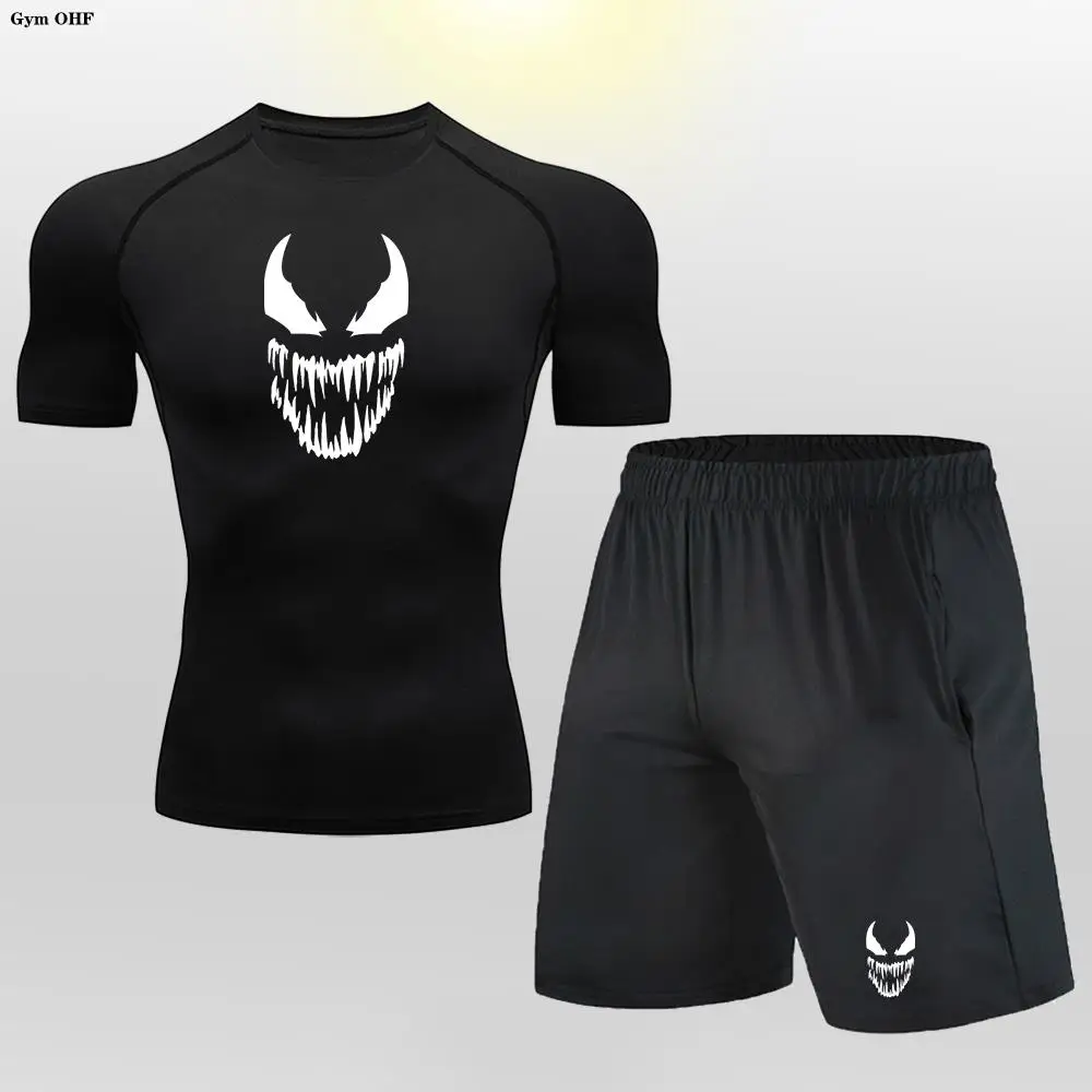 Männer T-Shirt Shorts Set Anime Kompression Sporta nzug Herren Kleidung Laufen Trainings anzug tragen Übung Training