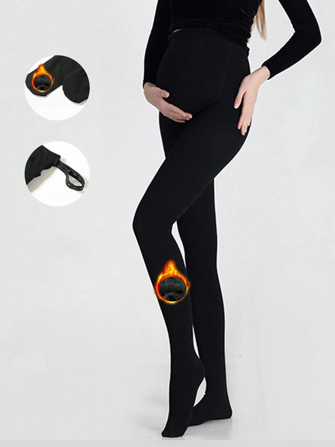 

1 Pc Black Footed Fleece-Lined Maternity Tights for Autumn & Winter - with Adjustable Strap, Suitable for Daily Use