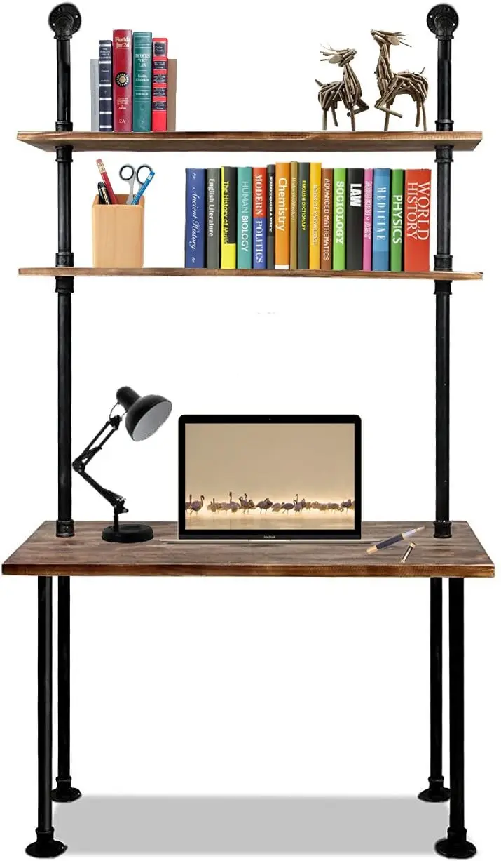 79-inch Industrial Laptop Desk Solid Wood Computer Desk Wall Pipe Desk with Shelves Computer Table for Home Office (L:40 inch)