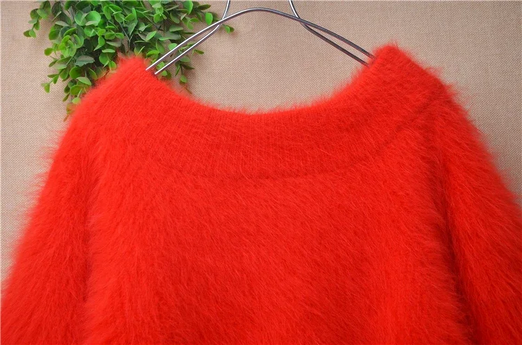 04 Ladies Women Clothing Fall Winter Red Thick Warm Hairy Slash Neck O-Neck Three Quarter Sleeves Cropped Loose Pullover Sweater