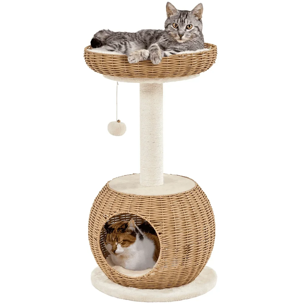 

29.5″ Tall Rattan Cat House with Soft Cushion Natural Sisal Scratching Post, Beige