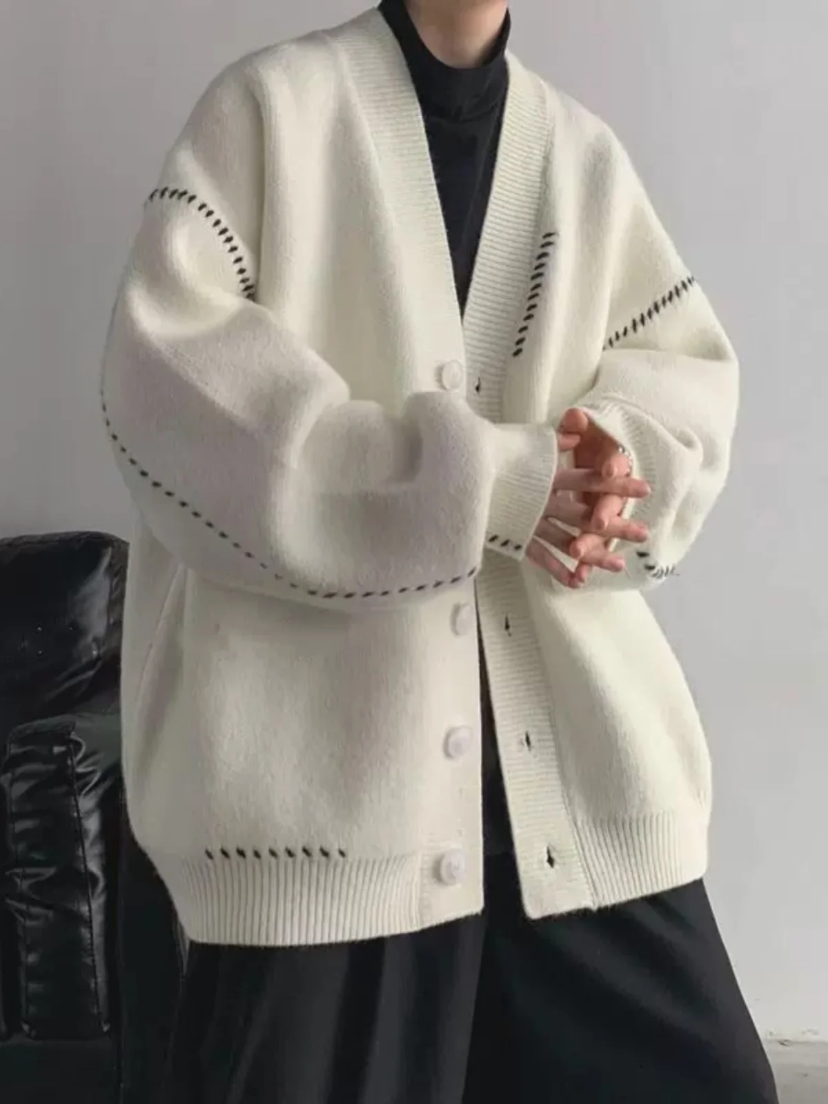 

Loose Men's Knitted Cardigan Sweater Bla Lazy Sle V-Ne Long Sve Autumn Faion Casual Loose Fit Couple's Knitwear