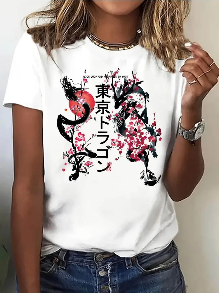 Black Plum Blossom Dragon Geometric Pattern Women ShortSleeve TShirt with Japanese Print Soft Round Neck All-Season Street Style
