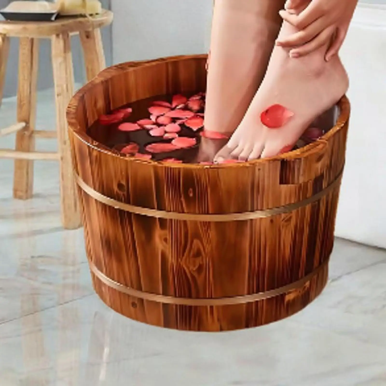

Wood Footbath Basin Foot Soak Tub with Double Handle Foot Tub Bucket Portable