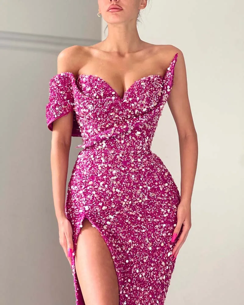 Pink Shiny Sequined Evening Dress Sweetheart Off the Shoulder High Slit Prom Gown Floor Length Party Gala Dresses 2022