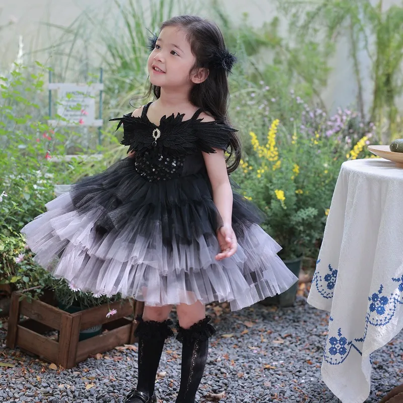 Girls Black Gothic Tutu Dress Wing Decor Sequins Sleeveless Ombre Layer Tulle Kids Halloween Birthday Party Princess Costume