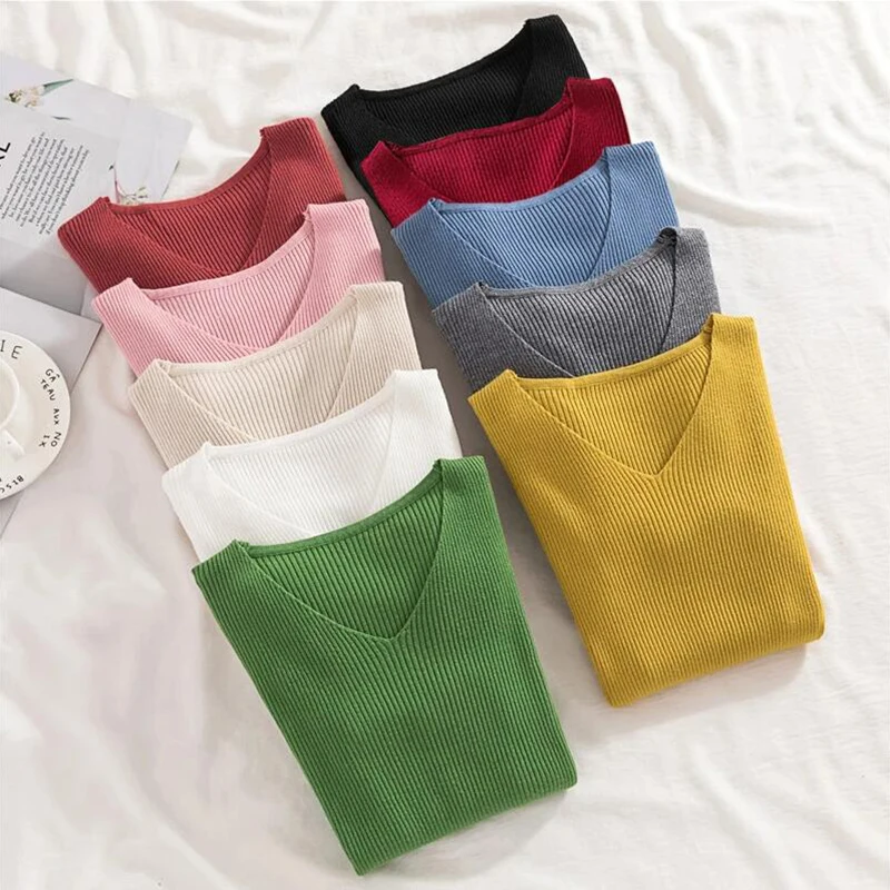 Zoki New Women Sweater Autumn Long Sleeve Pullover Basic Top Fashion V-neck Elastic Female Winter Solid Knitted Jumper