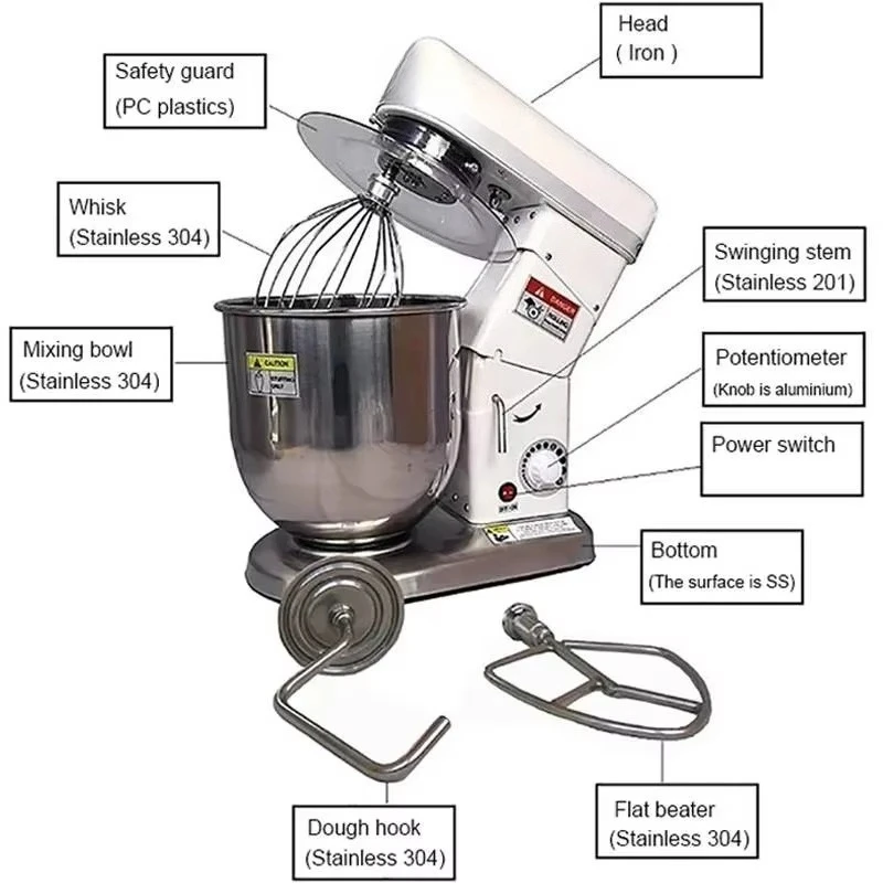 Portable Table Type 7L Food Mixer Electric Milk Mixer with 3 Functions Kitchen Equipment for Restaurant