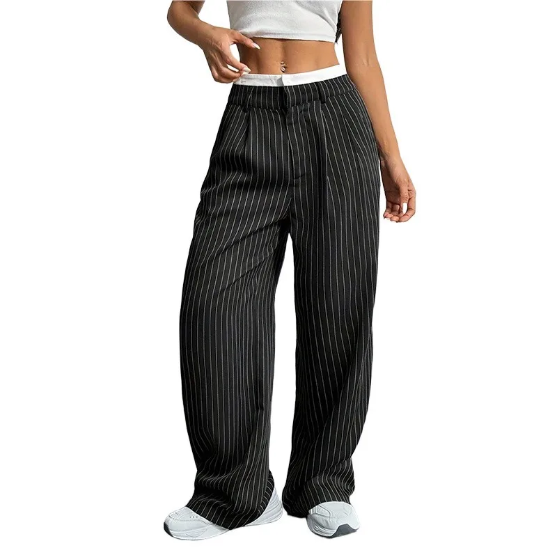 Summer Women's Pants Loose Fit Straight Leg Trousers Wide Leg Striped Slacks High Waist Pleated Front Dress Pants Black Striped