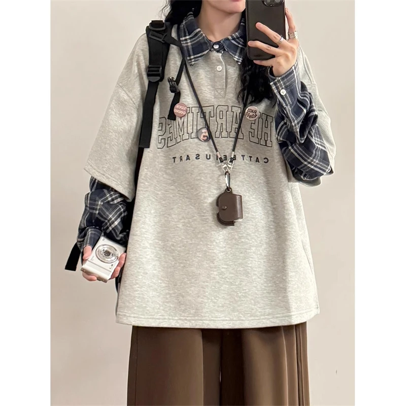 Harajuku Couples Preppy Large Size Casual Plaid Fake Two-Piece Polo Sweatshirt Men Women Oversized Print Daily Street Style Top