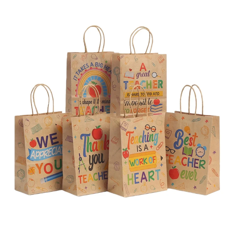 6 Stück Kraftpapier-Geschenktüten mit Griffen für Lehrer-Wertschätzungsfeiern, Verpackungen für Klassenzimmerbelohnungen und Dankeschön-Geschenke – Detail 9