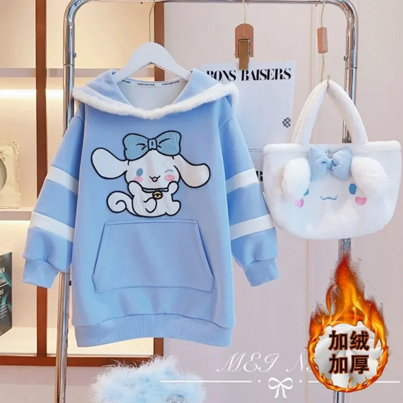 Anime Sanrio Cinnamoroll Kawaii Ins Cashmere Sweater Hooded Cute Cartoon Children Princess Long Sleeve Shirt Dress Thermal Top