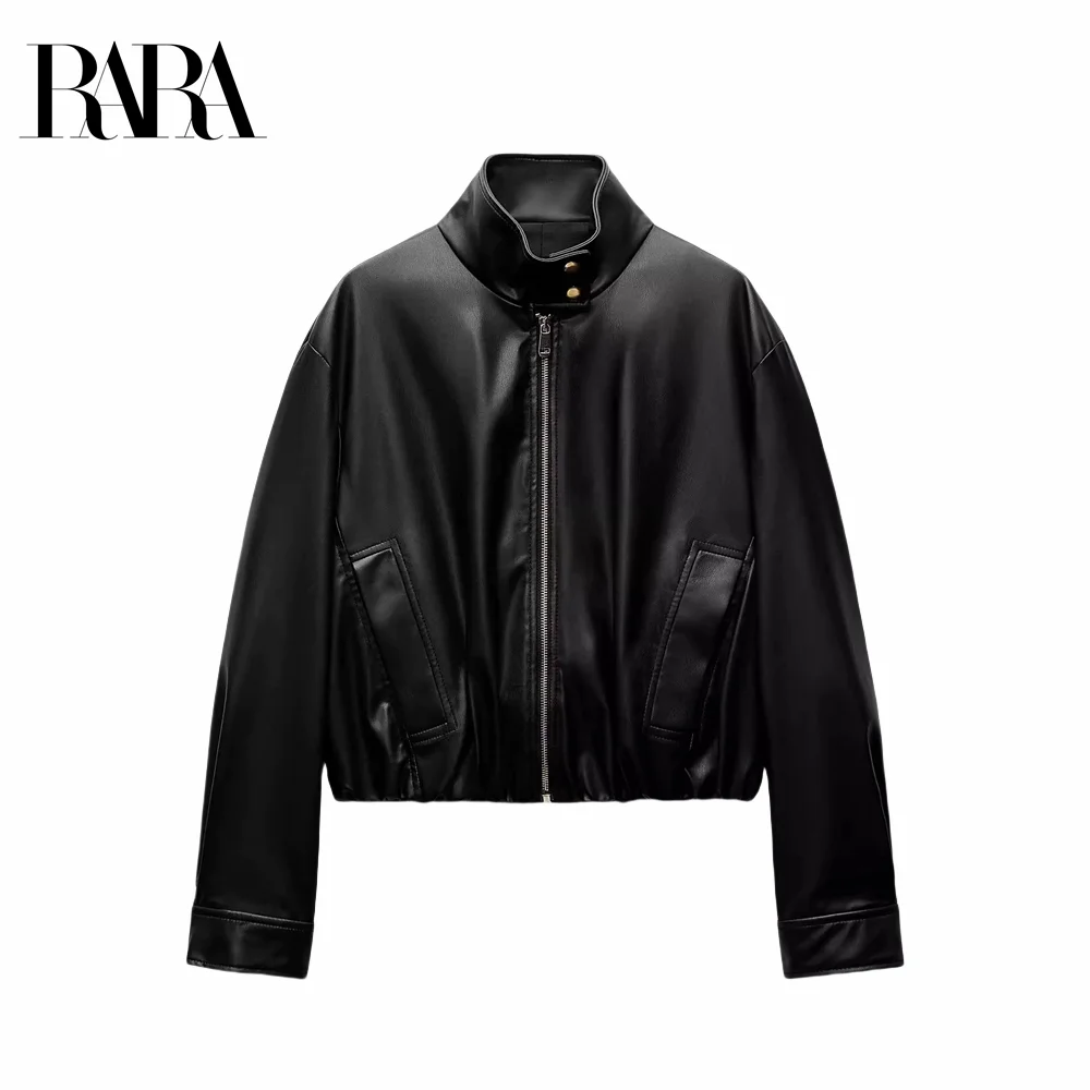 

2024 RARA winter new women's fashion trend stand collar long sleeve imitation leather jacket short style double pockets