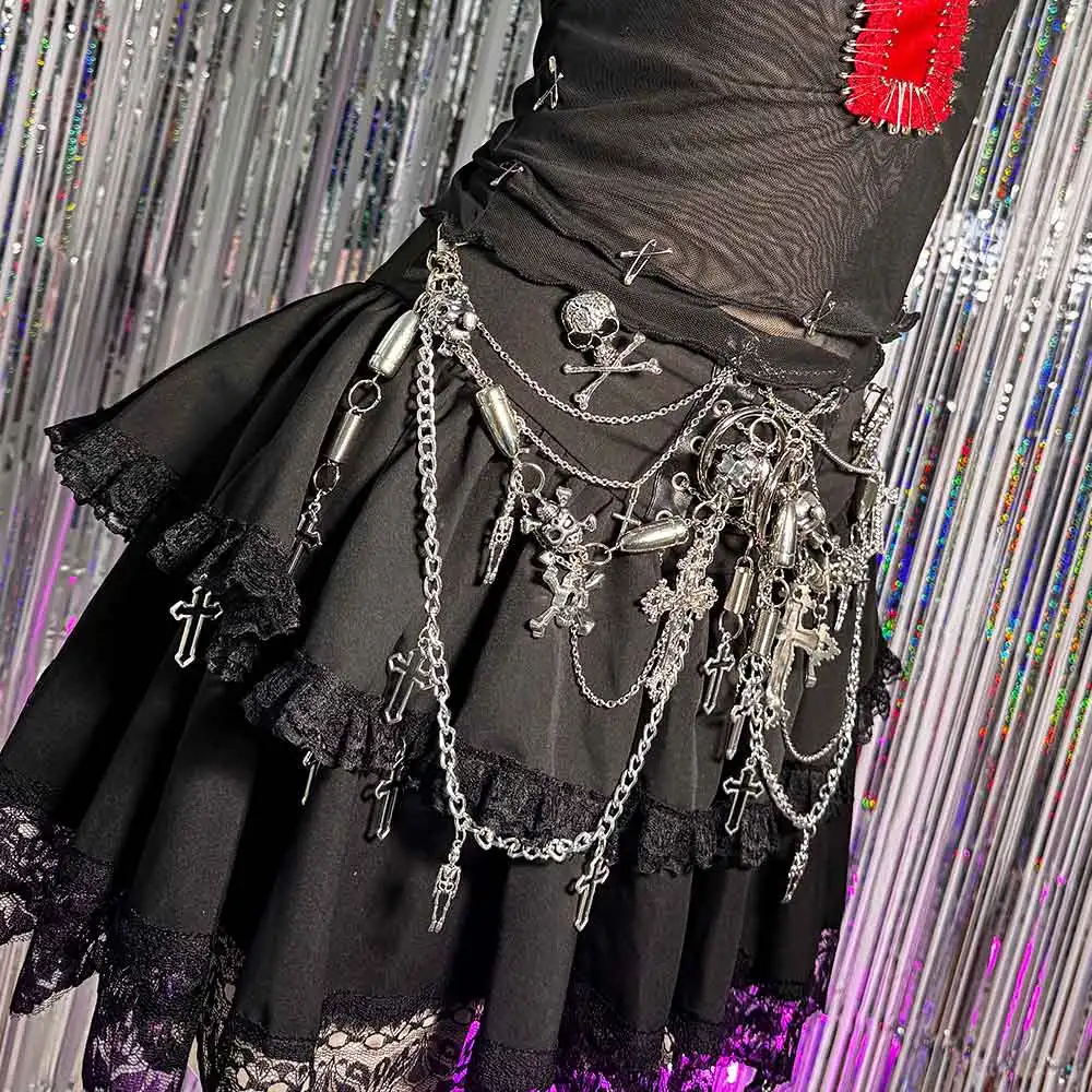 パンクロック ハンドメイド DIY ゴスチェーン ティーン ゴシック スカート グランジ 90年代 クラブウェア Y2K Eガールズ 原宿系 カワイイ エモ クロス スカル エコ
