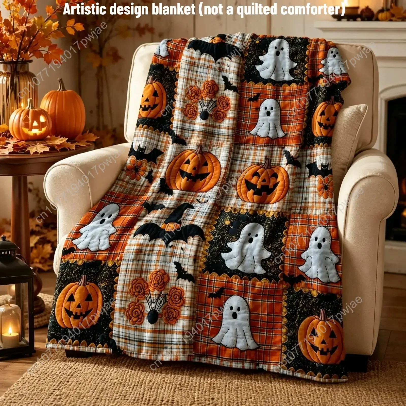 Countdown Sale Halloween Pumpkin Ghost Bat Plaid Patchwork Flannel Blanket Kids And Adults AC Blanket Soft Warm Cozy Throw Blank