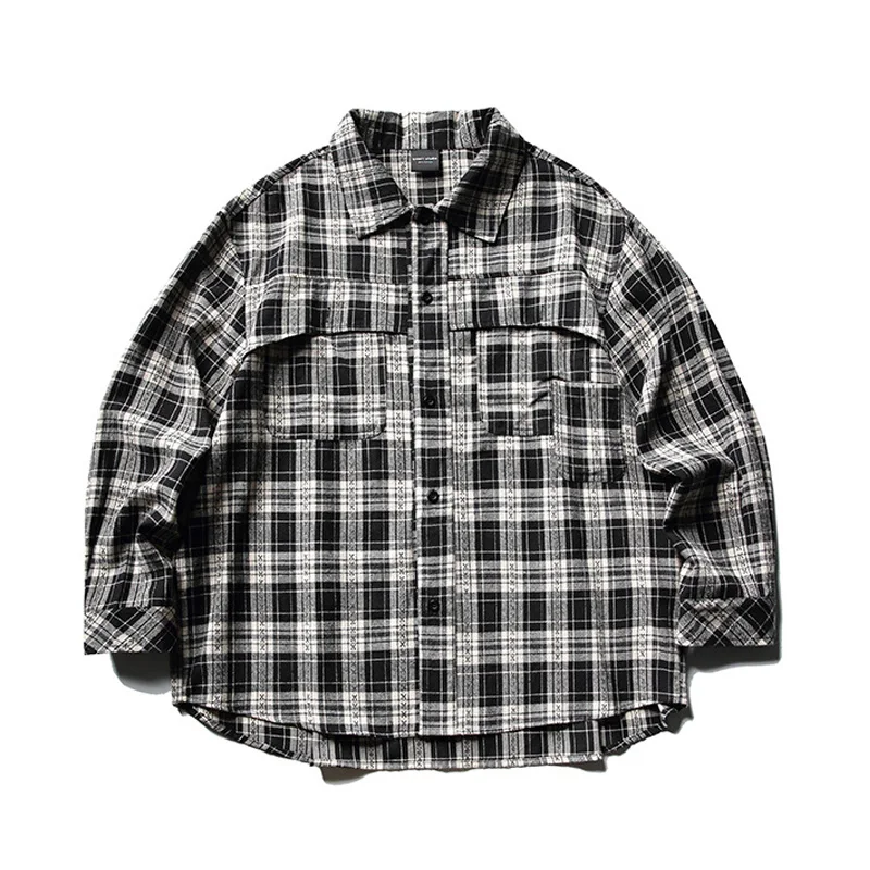 Autumn Plaid Long Sleeve Shirt Men\'s Japanese Vintage 3D Cut Cityboy Streetwear Fashion Loose Casual Oversized Cargo Shirts