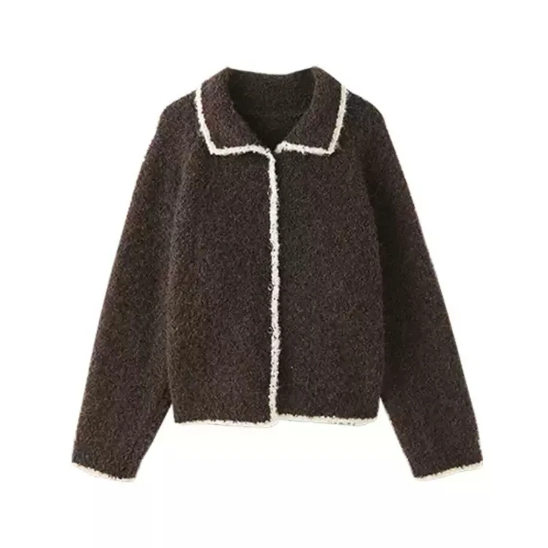 Cardigan ample et élégant pour femme, pull, veste tricotée rétro, couleur contrastée, Style revers, vêtements décontractés, nouvelle collection automne et hiver